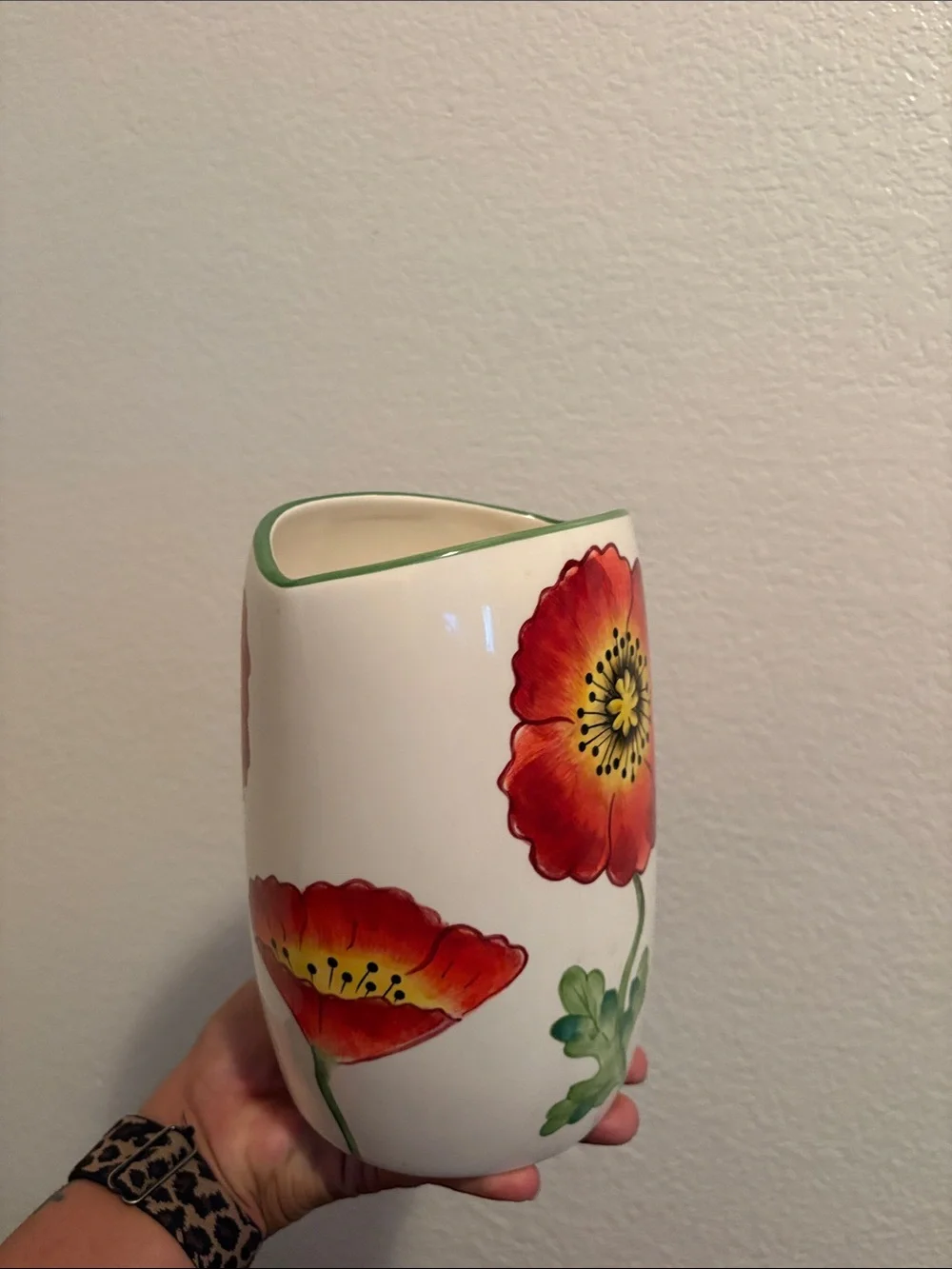 Hand-Painted Floral Ceramic Vase with Pink and Red Blooms